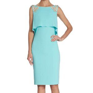 Badgley Mischka || Embellished Cascade Back Sheath Dress In Tiffany Blue